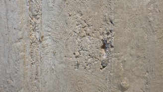 A close-up view of a rough, textured concrete wall with evident wear and damage. There are visible cracks and small holes scattered across the surface.