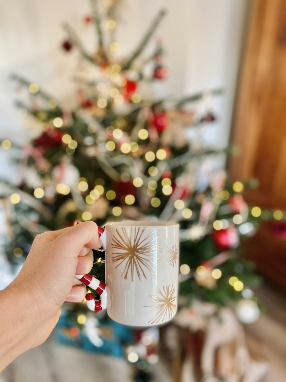 white and red floral ceramic mug