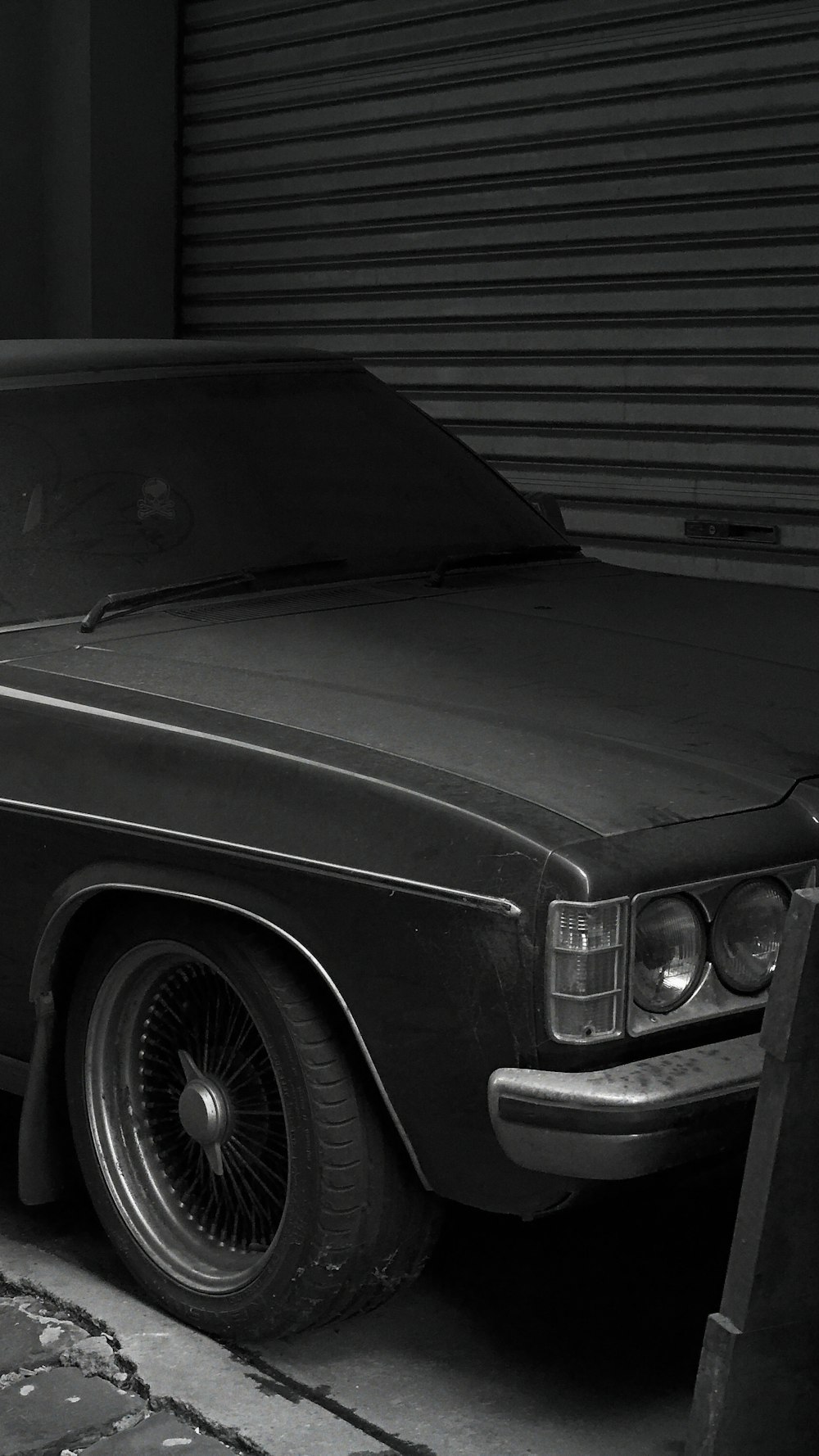 grayscale photo of classic car