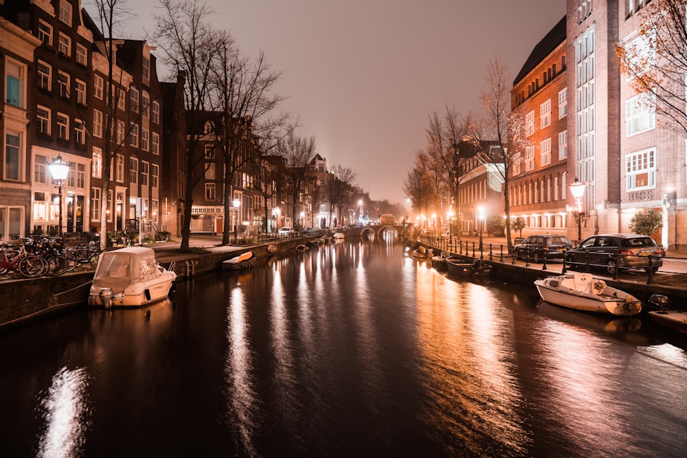 white boat on river near brown building during night time