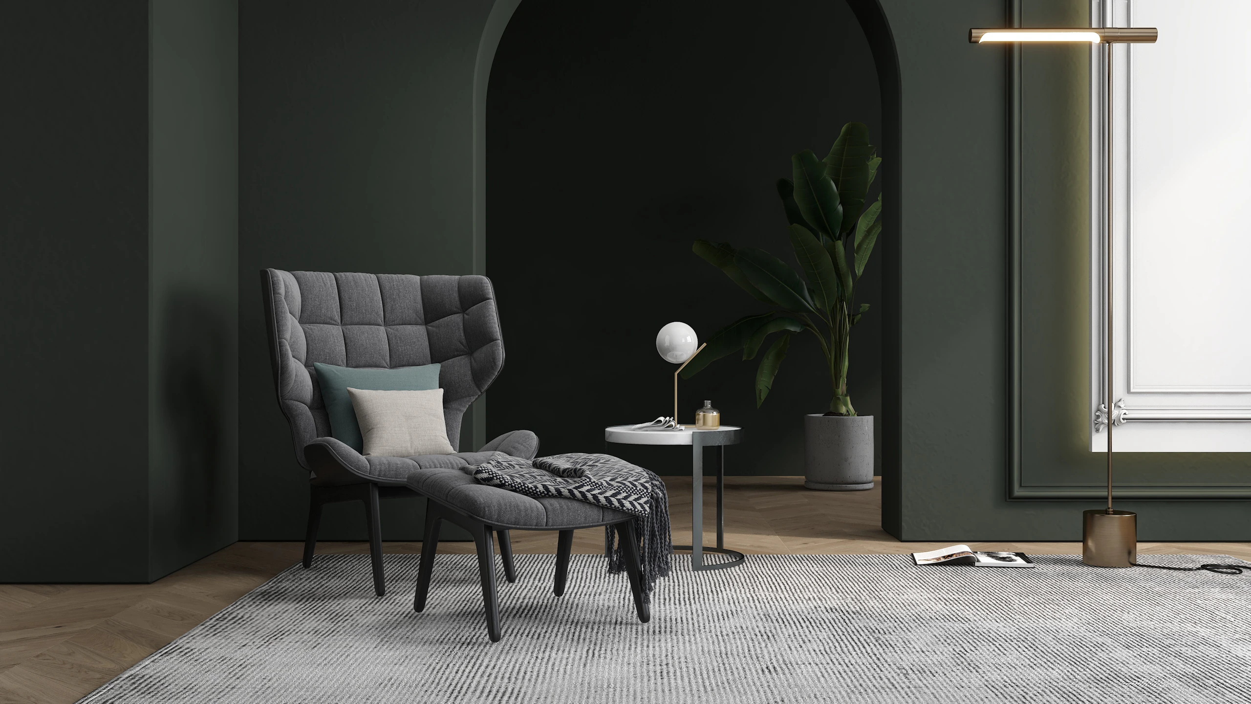 Grey wingback lounge chair and ottoman in a dark room