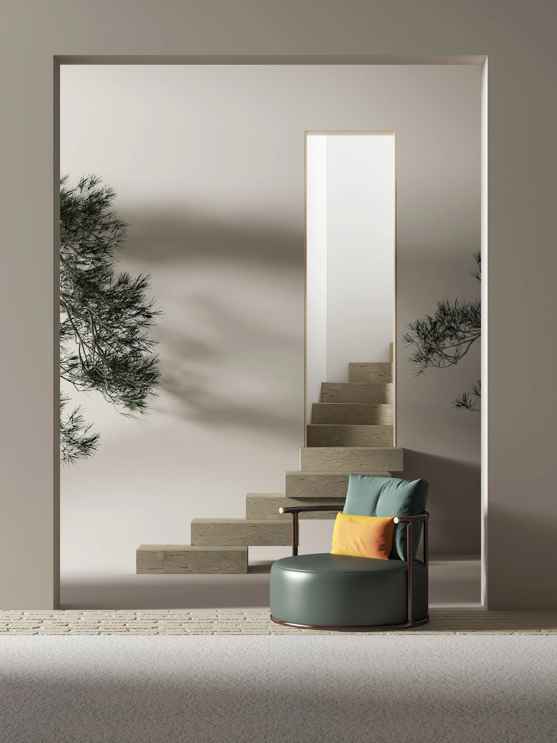 brown wooden framed orange padded armchair