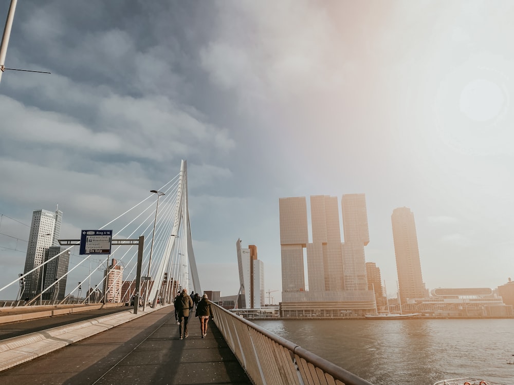 people walking on wooden dock near city buildings during daytime