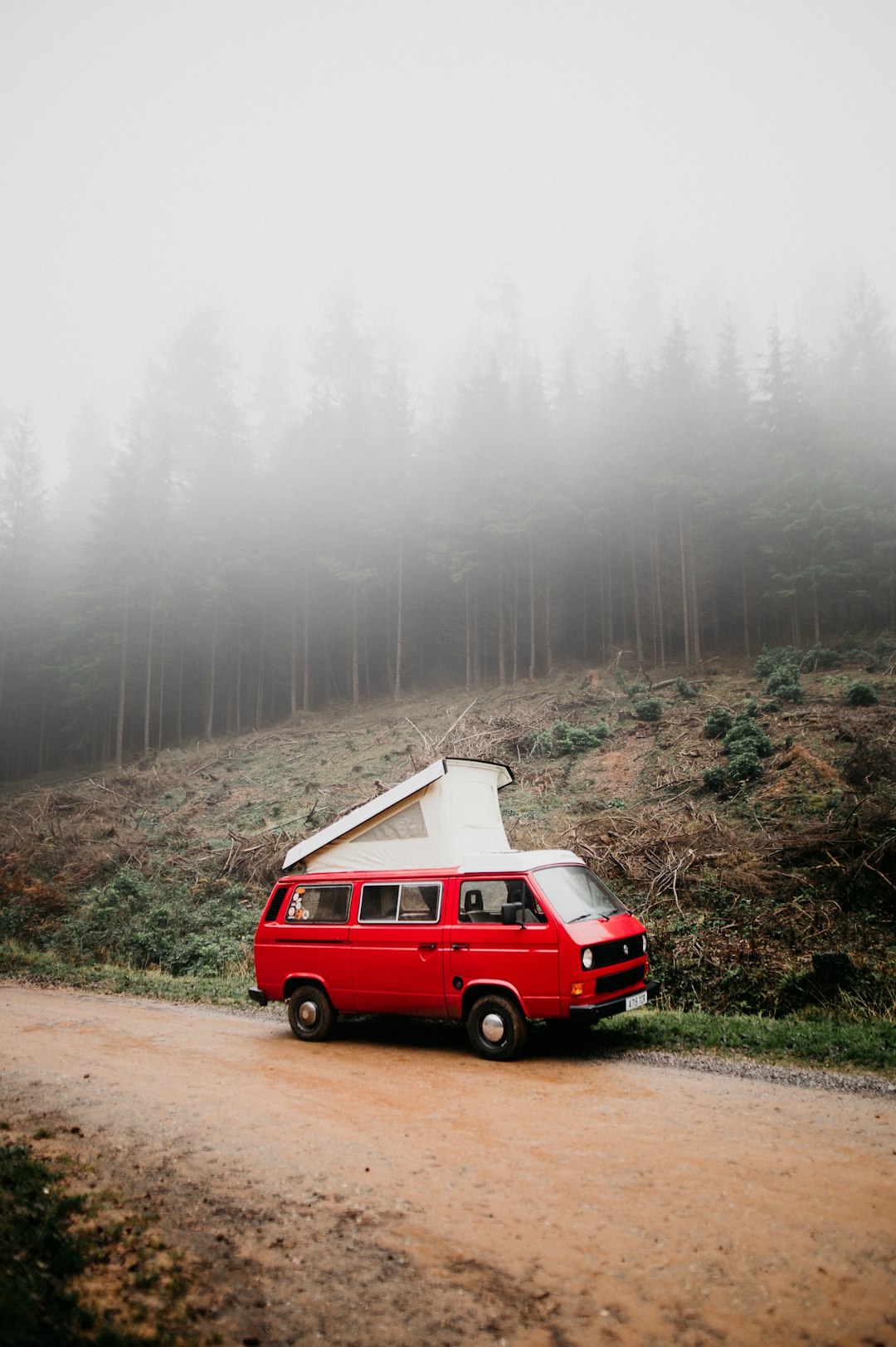 red and white van on road during foggy weather