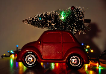 red volkswagen beetle parked beside green christmas tree