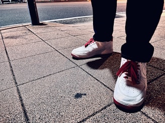 A stylish pair of low-top sneakers on a sidewalk.