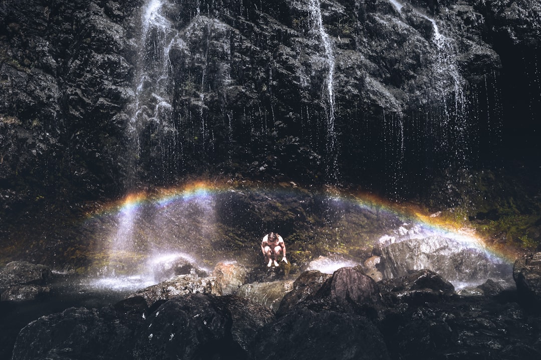 2 person sitting on rock in front of waterfalls during daytime