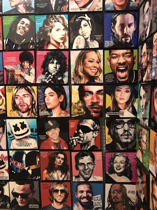 A vibrant collage featuring the faces of the top 20 trending celebrities in dynamic poses.