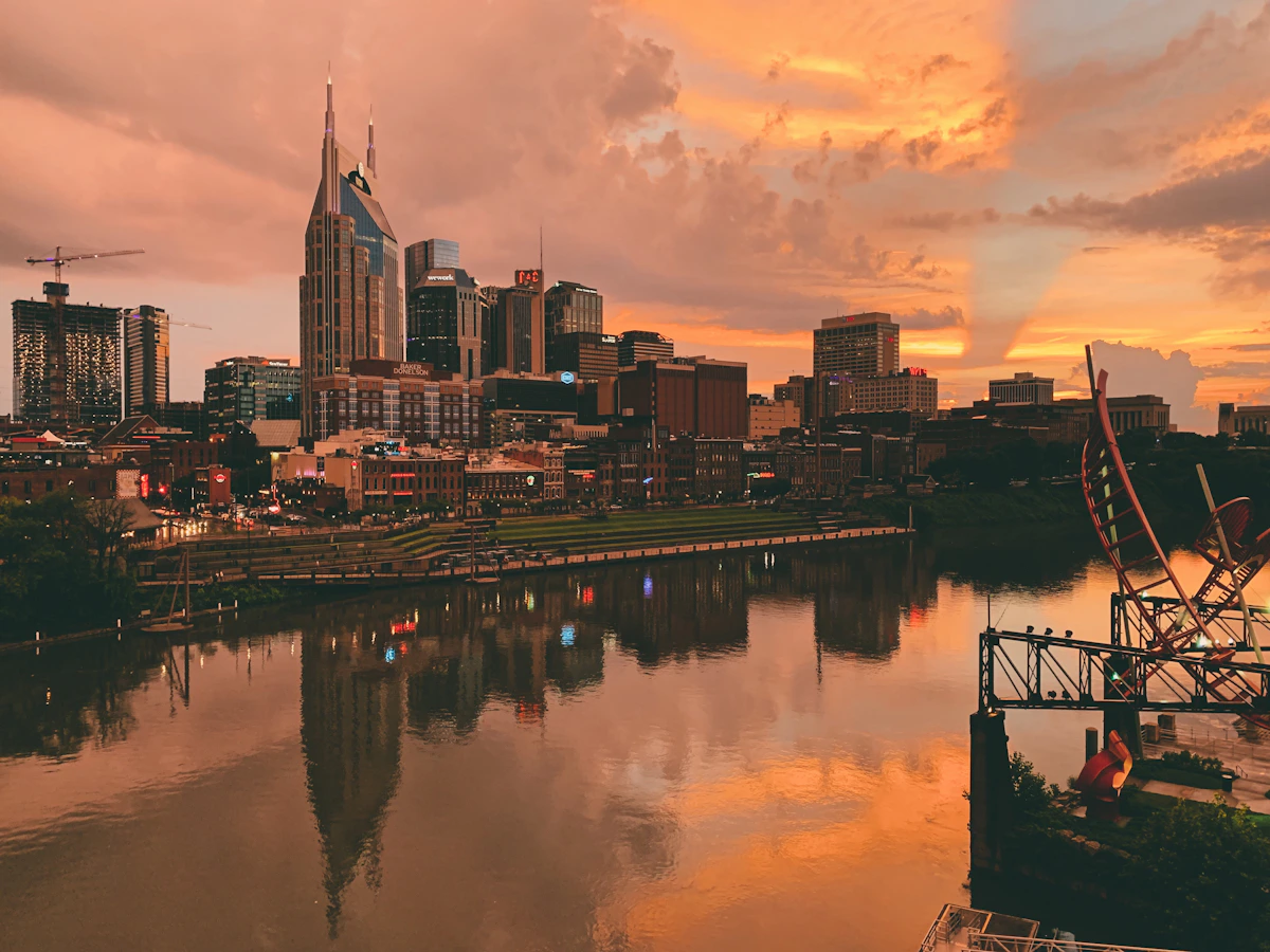 Aerial view of a growing Tennessee city skyline at dusk