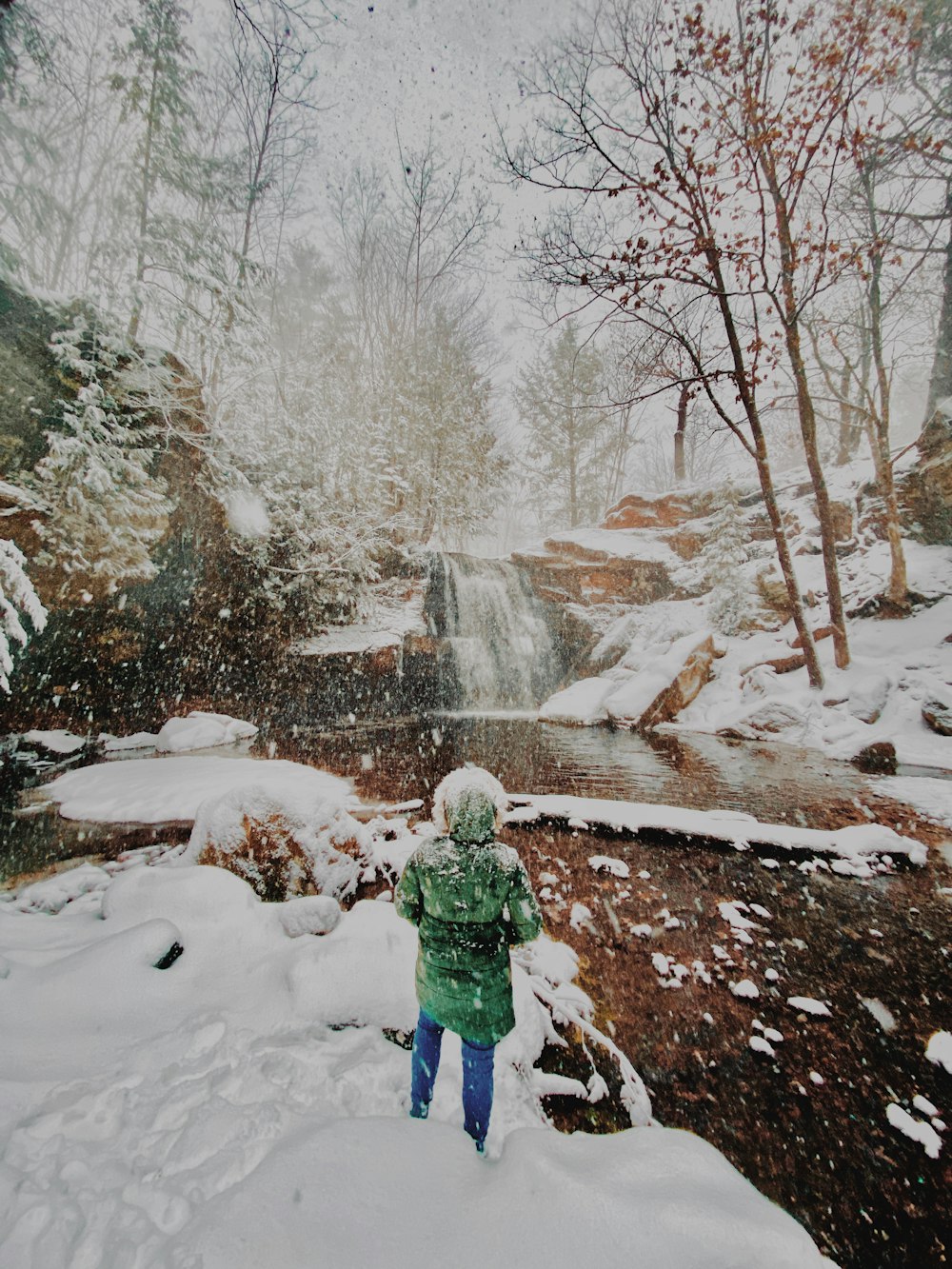 person in green jacket walking on snow covered ground during daytime