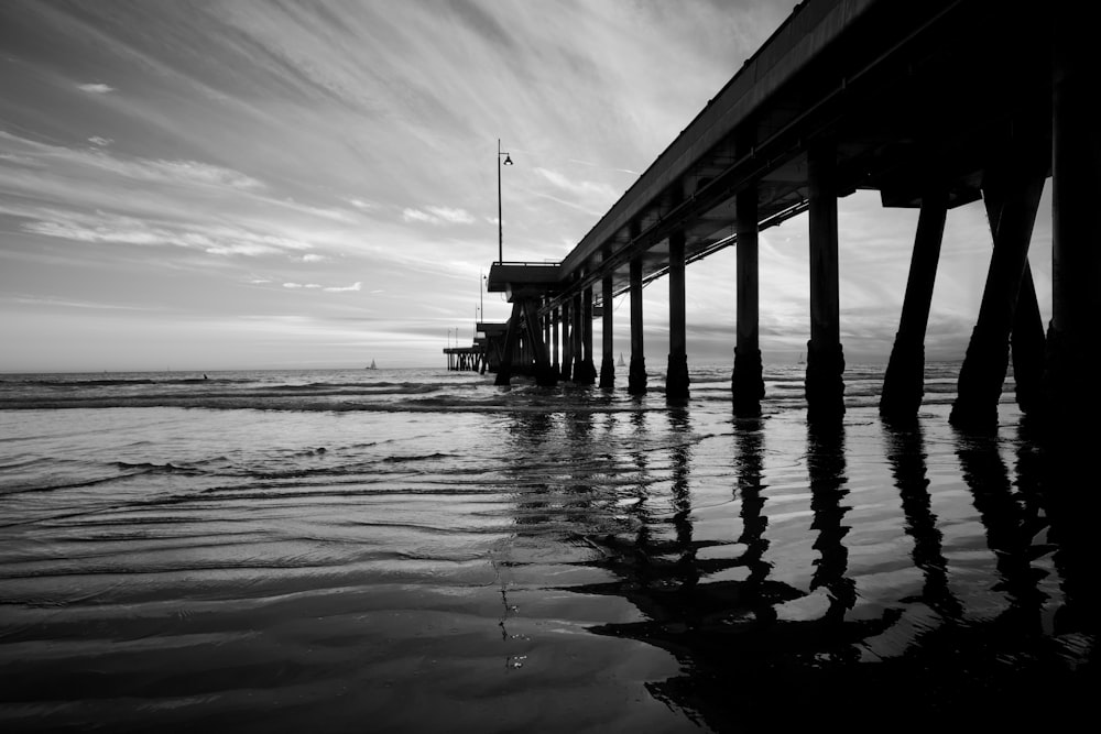 grayscale photo of wooden dock on sea