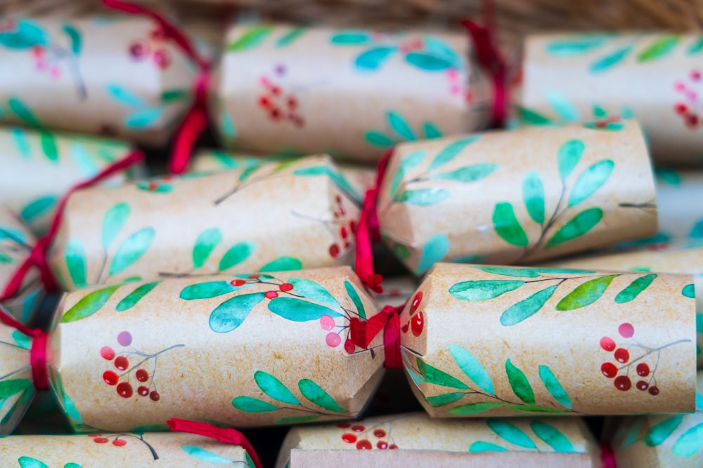 white red and green floral gift wrapper