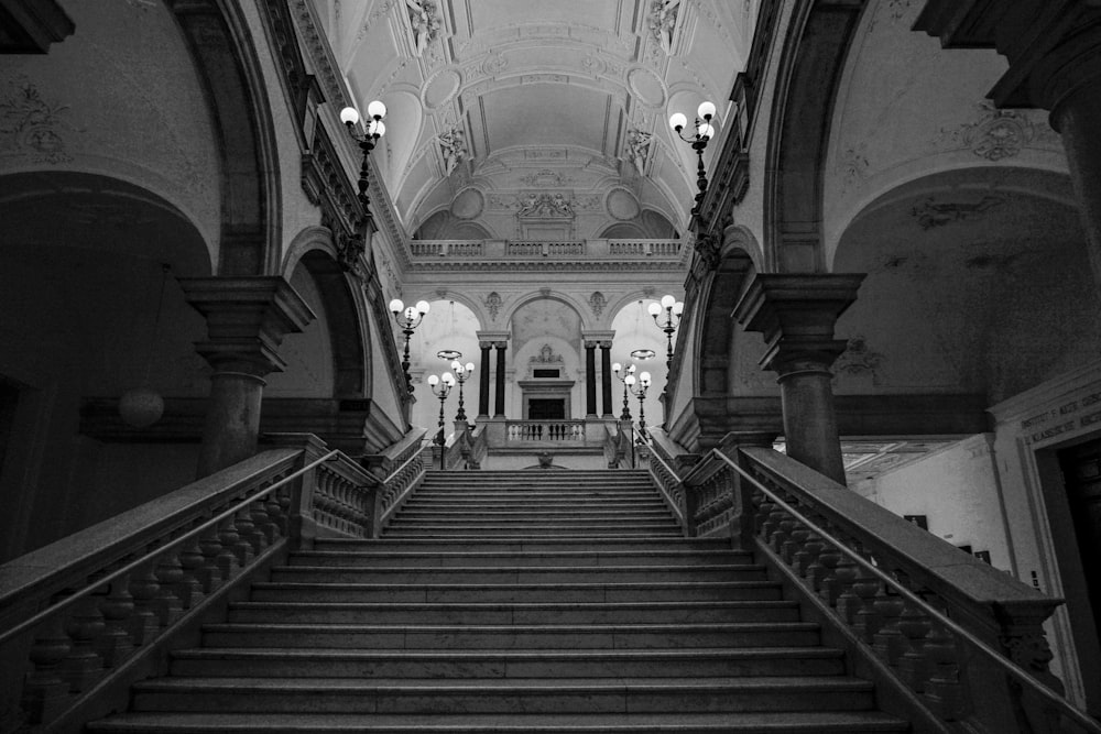 grayscale photo of concrete staircase