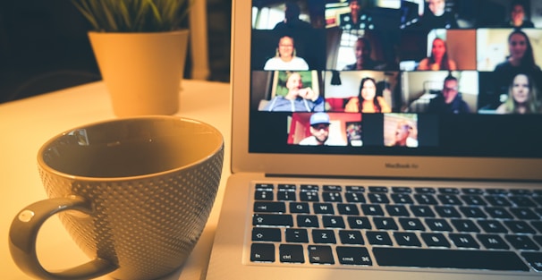 macbook air displaying woman in white shirt