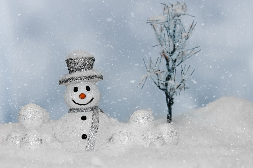 boneco de neve com neve na cabeça