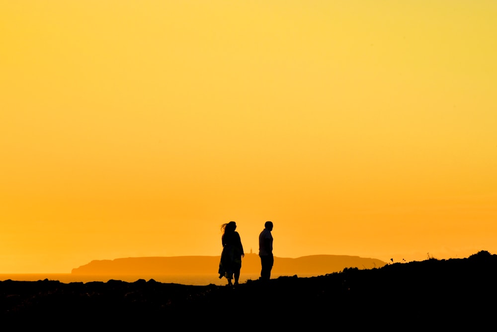 silhouette of 2 people standing on hill during sunset