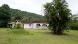 A house with white walls and a red-tiled roof stands amidst a lush, green environment. The house features arched doorways and a covered veranda. In the foreground, there is a large palm tree and some patches of grass. Behind the house, there are dense trees and a hill covered in greenery under a cloudy sky.
