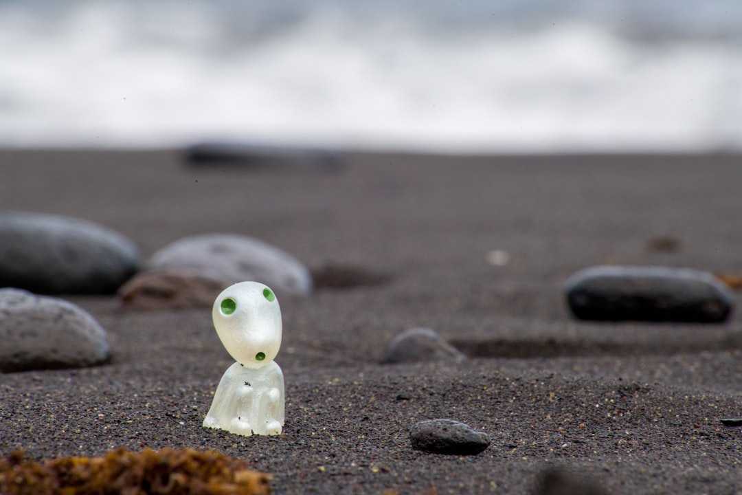 white and green duck figurine on gray sand