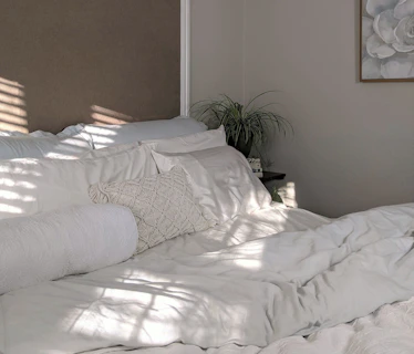 white bed linen near green plant