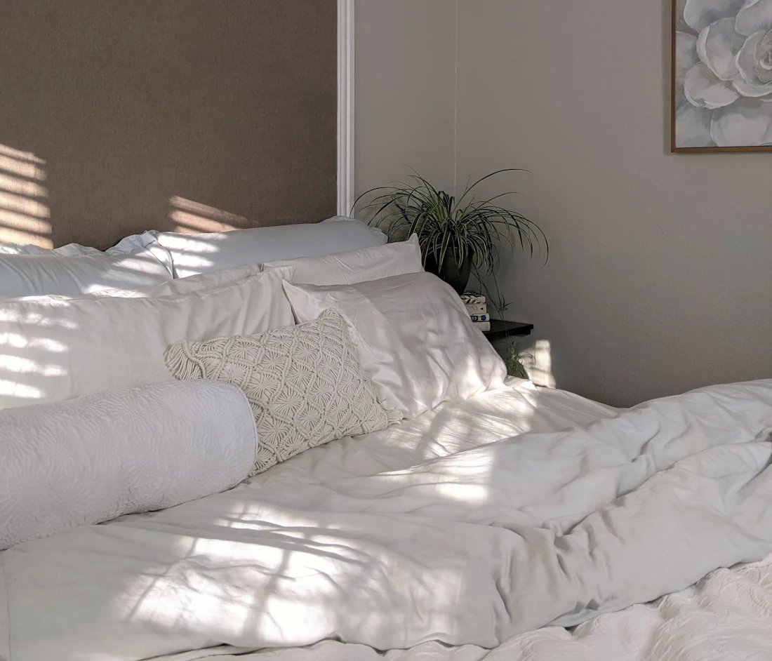 Calm, light-filled bedroom with soft linen and a green plant
