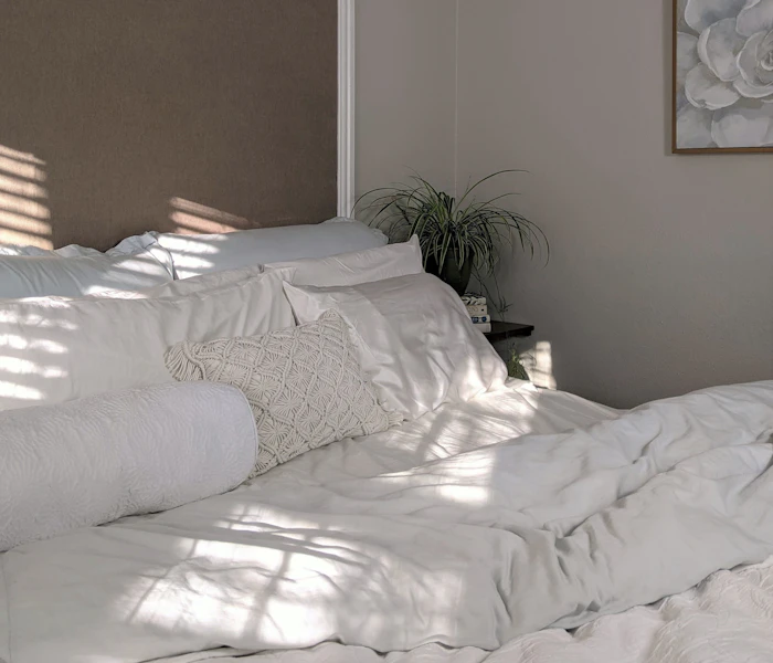 A bright, sunlit bedroom with soft bedding