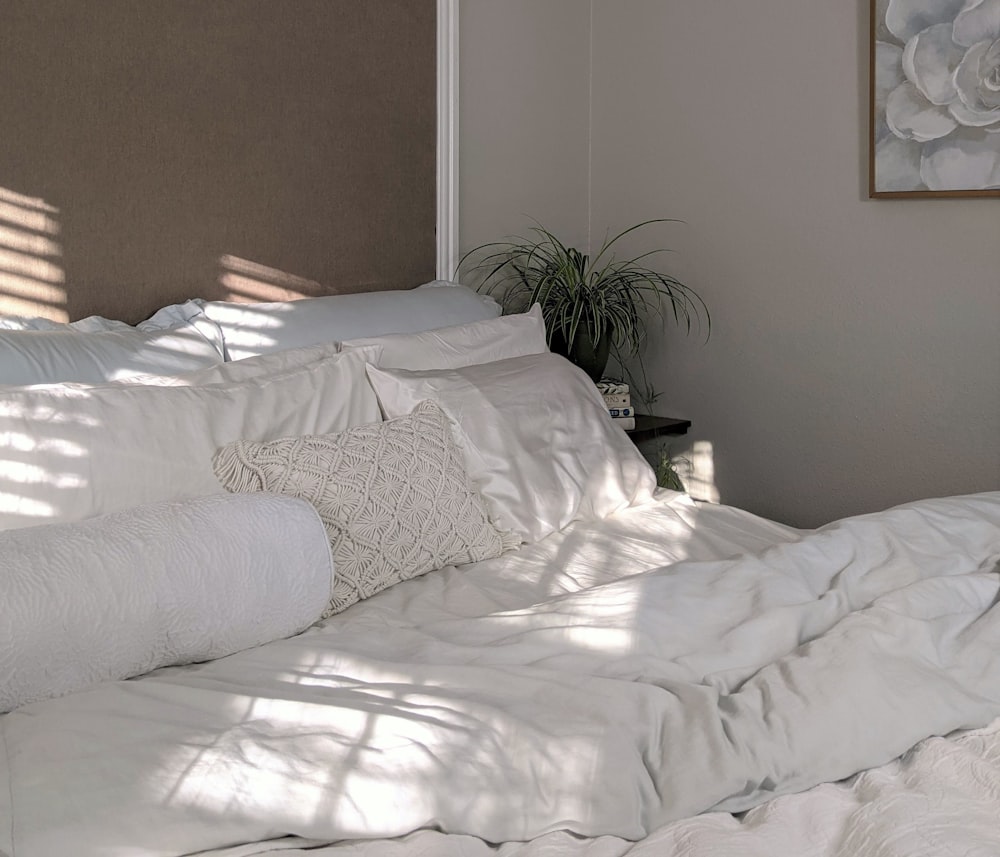 white bed linen near green plant
