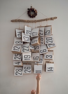 A cozy Christmas calendar with small festive gifts behind each door.
