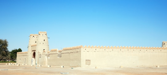 A historic fort with beige walls and a traditional architectural style is set against a clear blue sky. The fort includes a watchtower and crenellated walls, reflecting an ancient design. Sparse vegetation can be seen beside the structure.