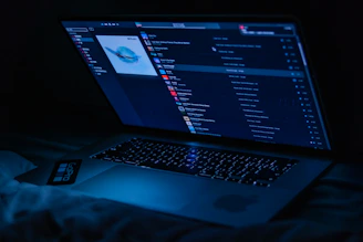 A sleek video player interface glowing softly against a dark midnight blue background.