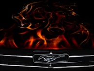 Display of various Mustang parts including brake calipers, headlights, and grilles.