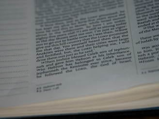 Open book with text displayed on a page in English. The focus is on the text which is typeset in columns. The words are clear and seem to be from a religious or historical text, with some paragraphs indented and numbered.
