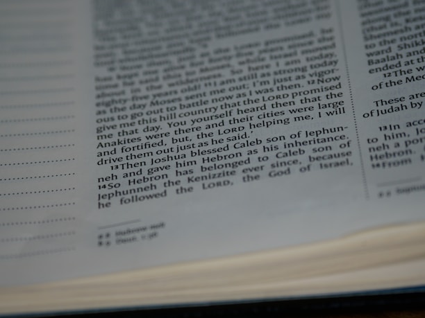 Open book with text displayed on a page in English. The focus is on the text which is typeset in columns. The words are clear and seem to be from a religious or historical text, with some paragraphs indented and numbered.