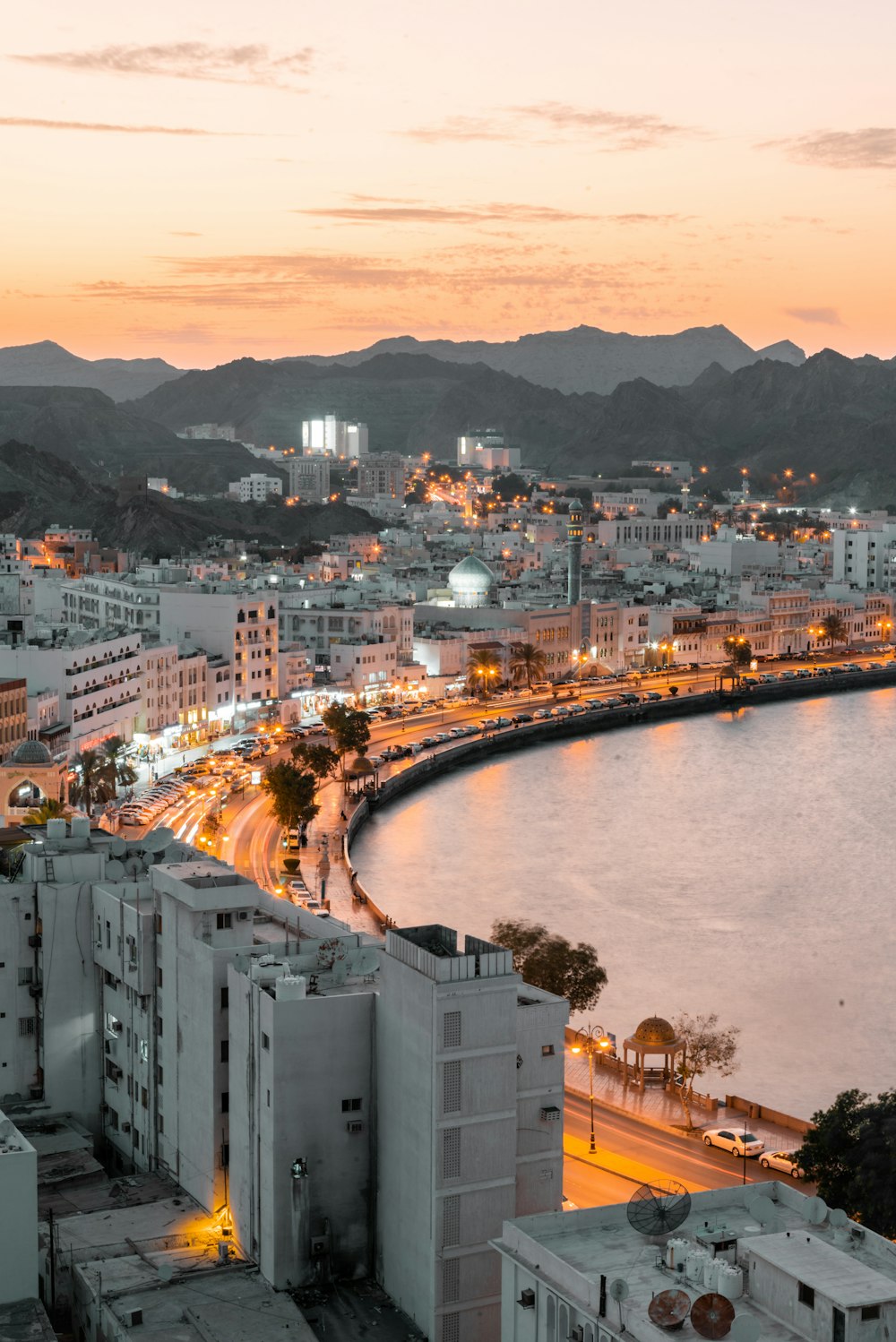 Vista aérea de edificios de la ciudad cerca del cuerpo de agua durante el día