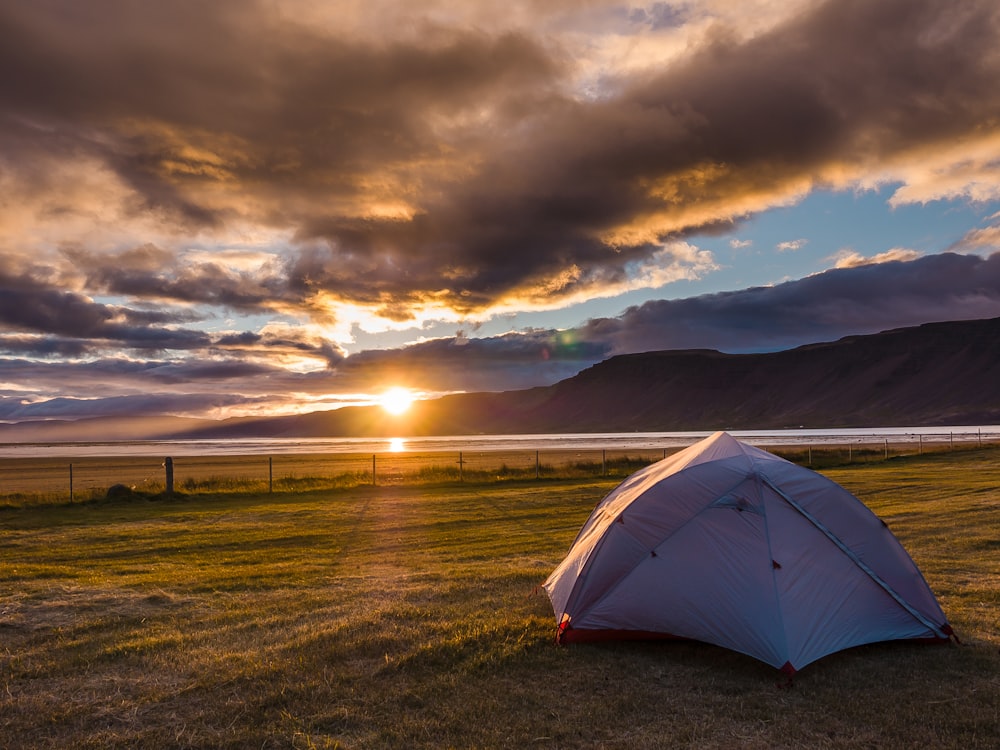 white tent on green grass field during night time