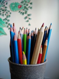 coloring pencils in gray container
