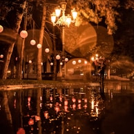 people walking on sidewalk with lighted street lights during night time