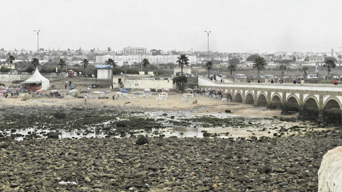 An expansive view of a rocky shoreline with a sandy beach area, bordered by a bridge with archways. People can be seen around the beach, some sitting under umbrellas. There are palm trees and a few small buildings in the background, with a line of parked cars along a road that runs parallel to the beach.