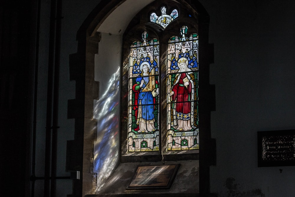 blue red and yellow glass window