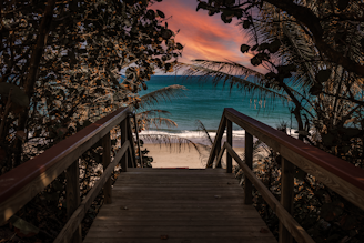 A peaceful pathway leading from the bungalow down to the sandy beach at dawn.
