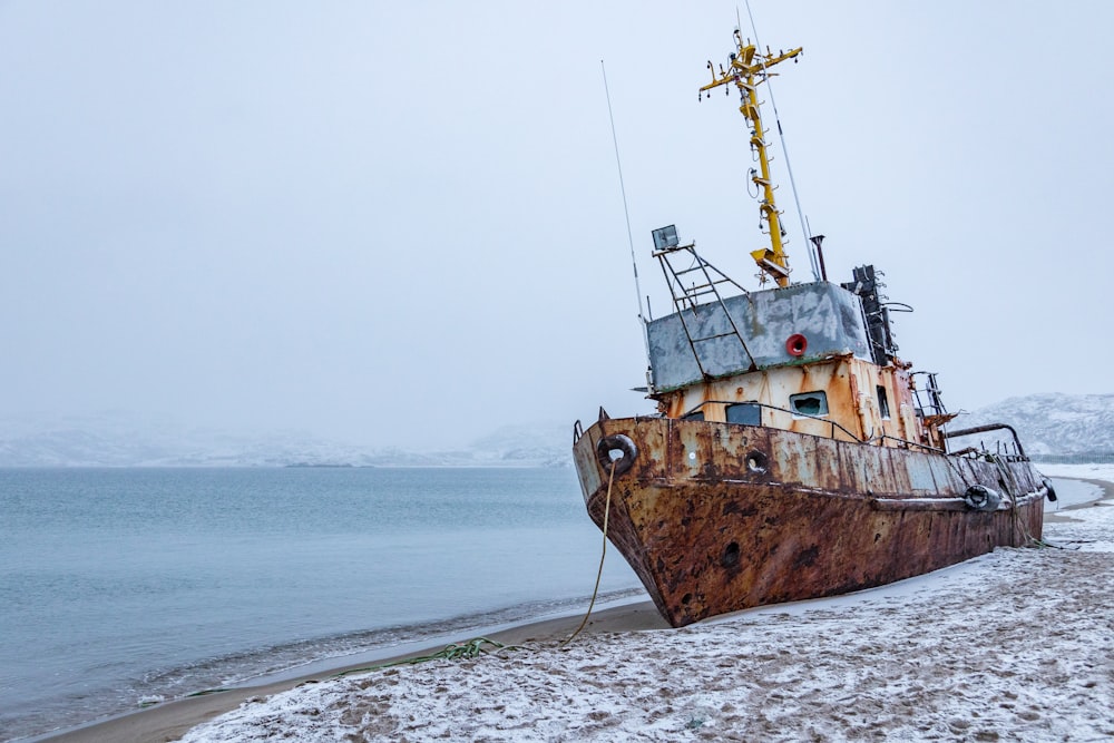 brown and white ship on sea shore during daytime