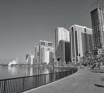 A waterfront cityscape featuring a row of modern high-rise buildings and a clear sky. Palm trees line the pathway beside the water, and a white building with minarets is visible in the distance. Construction cranes are also present, indicating ongoing development.