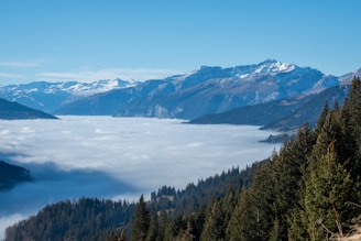 A serene view of the Caucasus Mountains under a clear blue sky.