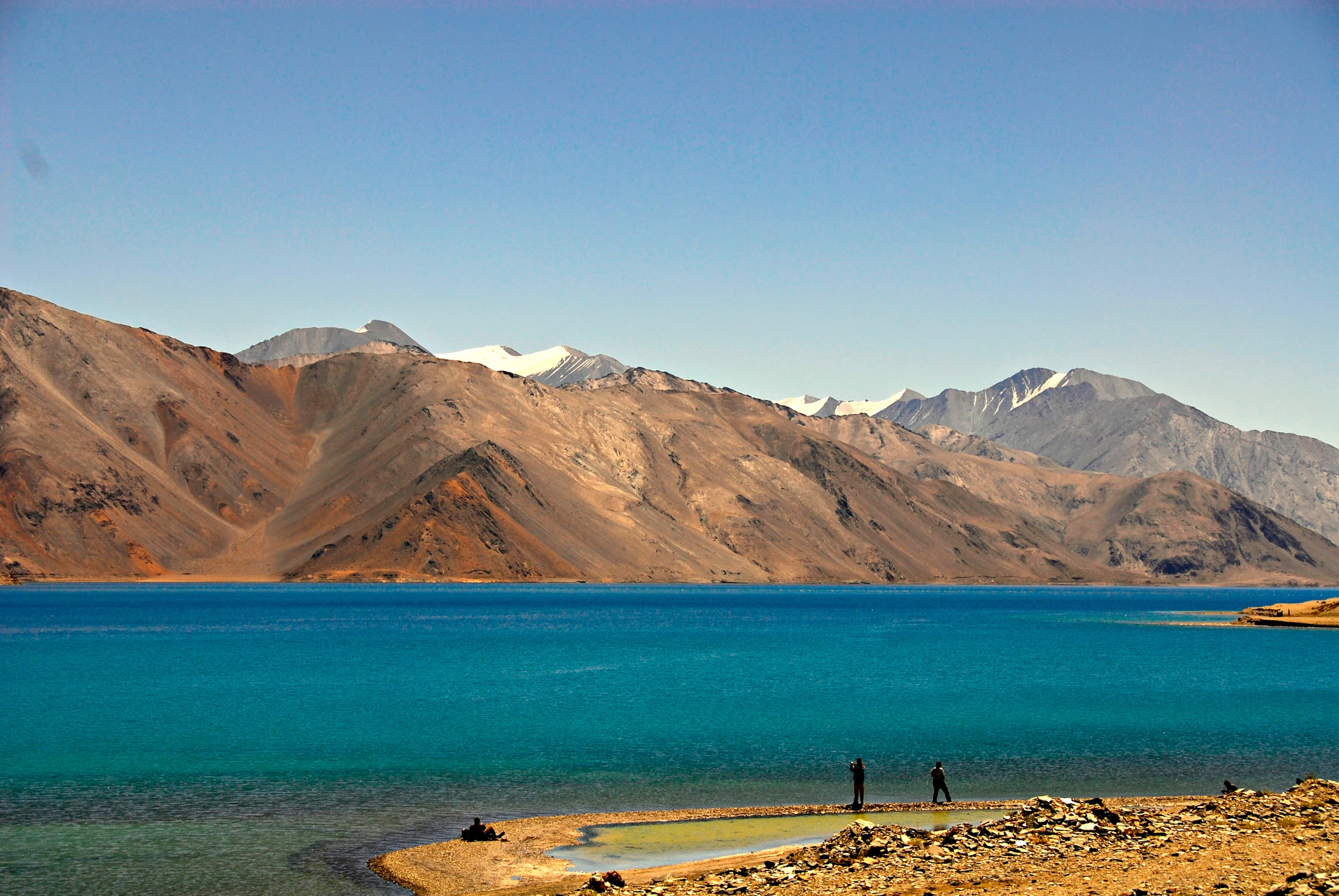 Travellers dwarfed by the shore of Pangong Tso at 14,000 feet