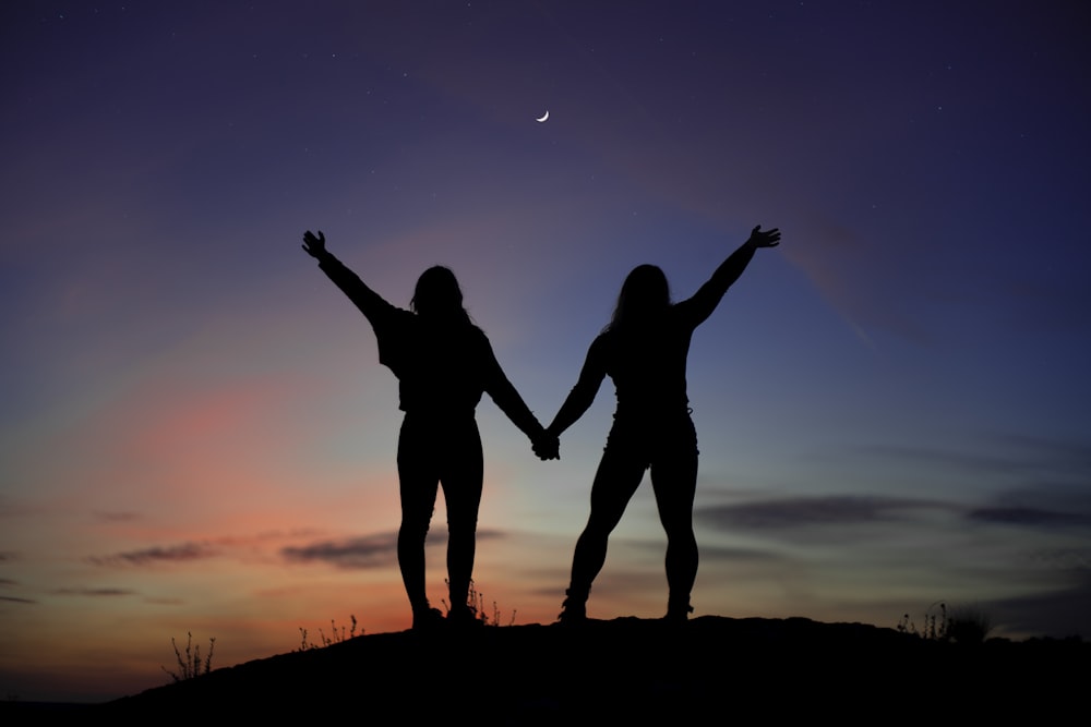 silhouette of 2 women standing on ground during sunset
