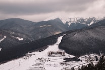 A snow-covered mountainous landscape with dense forests and a ski resort nestled in the valley. The resort consists of several buildings, surrounded by winding roads. In the distance, snow-capped peaks rise under a cloudy sky.