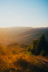 A scenic rural landscape at sunset with rolling green fields bathed in golden light.