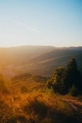 A scenic rural landscape at sunset with rolling green fields bathed in golden light.