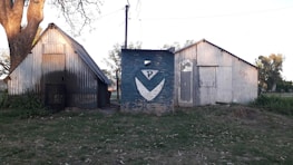 Two small, rustic buildings are situated side by side. They have corrugated metal exteriors, with the central building featuring a prominent painted design, including a white arrow and the letter 'P'. The surrounding environment includes a large tree to the left and some grass and dirt patches in the foreground.