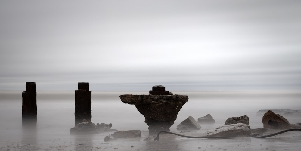 brown rock formation on white sand during daytime