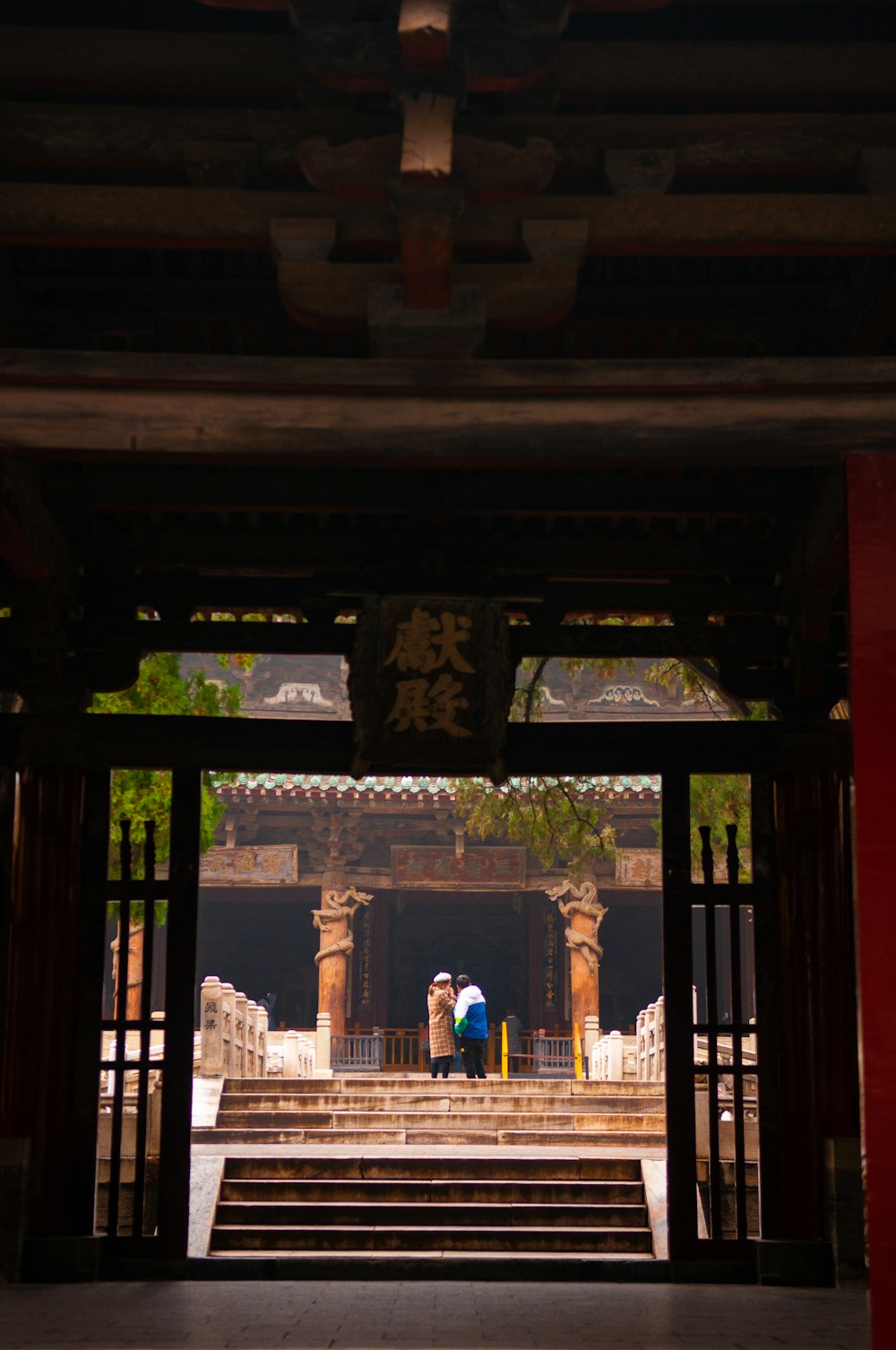 woman in blue dress standing on brown wooden door